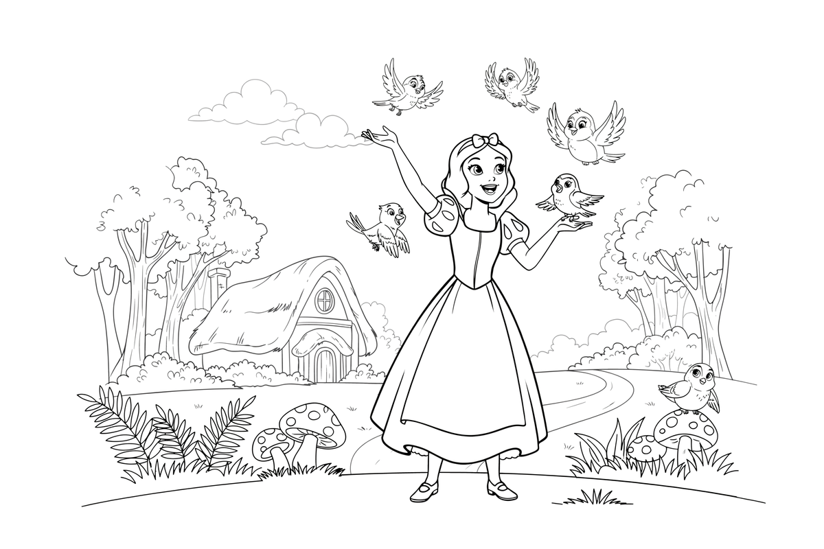 Snow White singing with little forest birds around her – Snow White Story coloring page