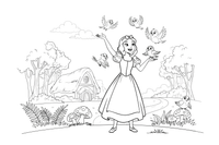 Snow White singing with little forest birds around her – Snow White Story coloring page
