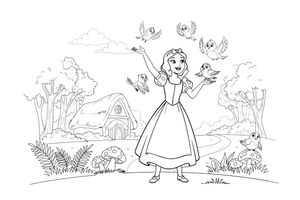 Snow White singing with little forest birds around her – Snow White Story coloring page