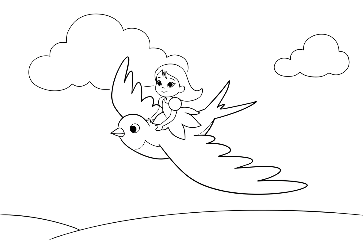 The tiny girl flying through the sky on the back of a swallow – Thumbelina Story coloring page
