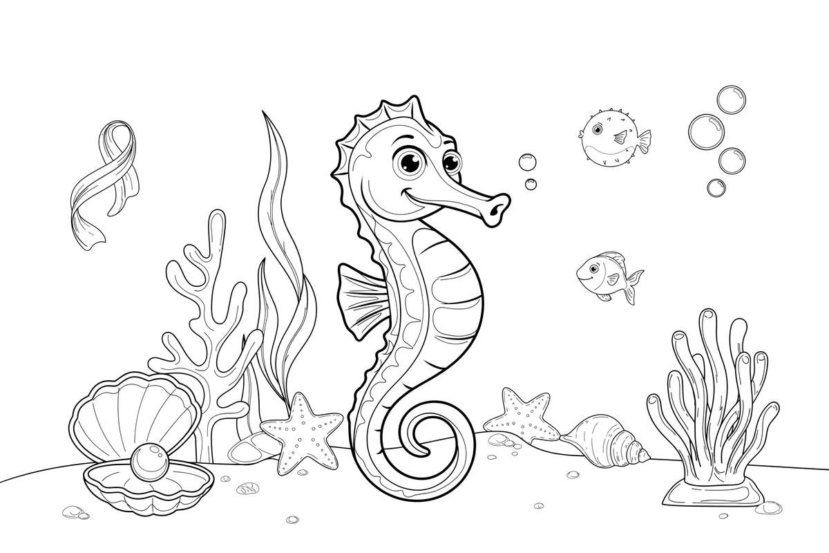 One huge seahorse centered and close, its ridged body and spiral tail big and simple, sandy sea floor hinted at the bottom – Playful Seahorse coloring page