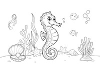 One huge seahorse centered and close, its ridged body and spiral tail big and simple, sandy sea floor hinted at the bottom – Playful Seahorse coloring page