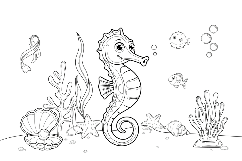 One huge seahorse centered and close, its ridged body and spiral tail big and simple, sandy sea floor hinted at the bottom – Playful Seahorse coloring page