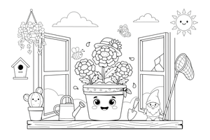 Marigold a flower pot on a windowsill – Marigold Flower Garden coloring page