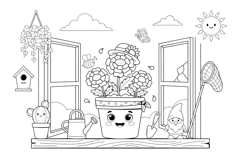Marigold a flower pot on a windowsill – Marigold Flower Garden coloring page