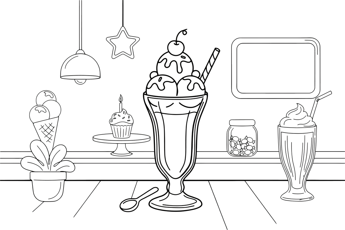 An ice cream sundae in a tall glass with a cherry – Delightful Sweets coloring page
