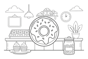 One big donut with a hole in the middle and sprinkles on top (sprinkles outlined, no fill) – Glazed Donut Sweets coloring page