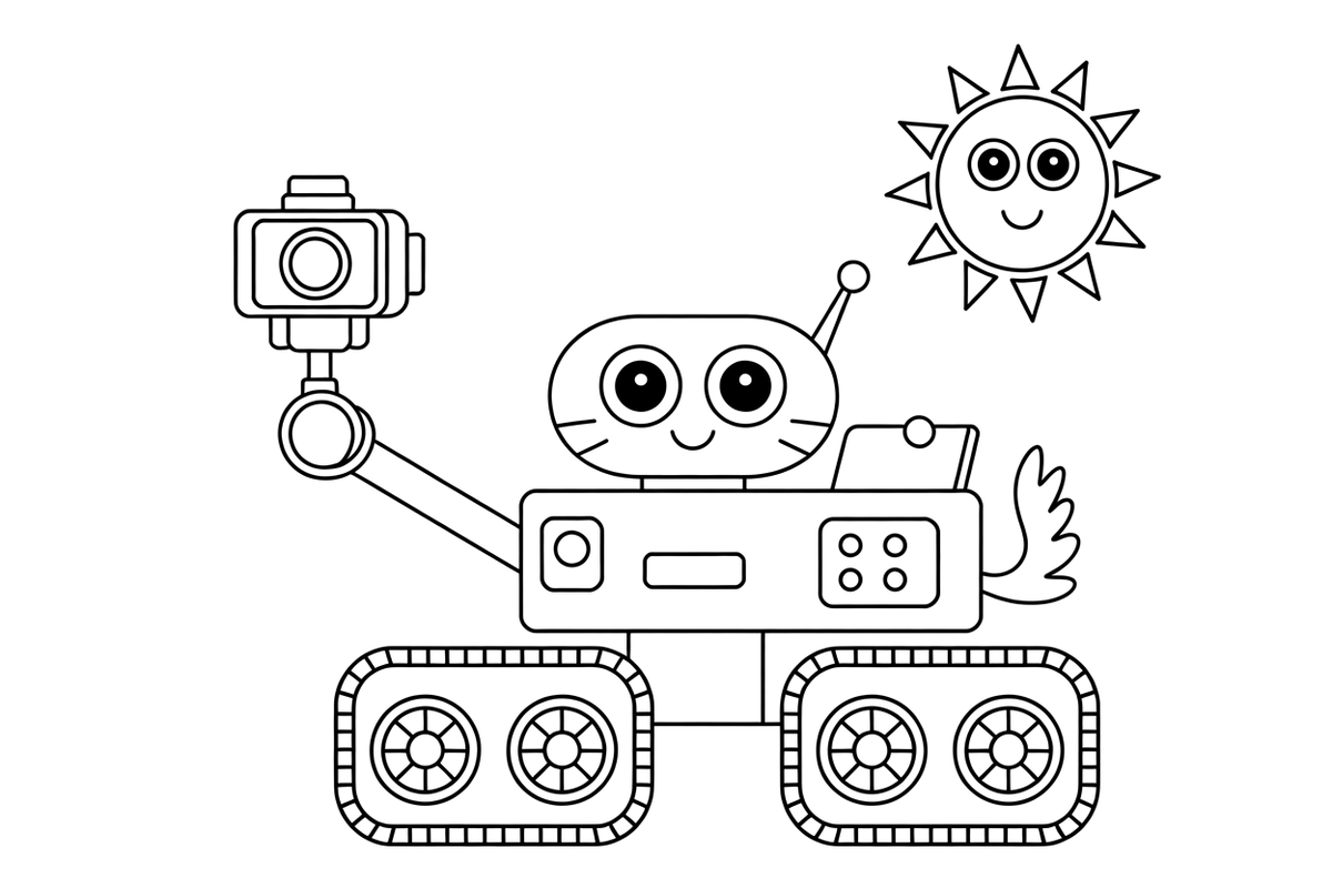 A space rover taking a photo with its camera arm – Space Rover Trails coloring page
