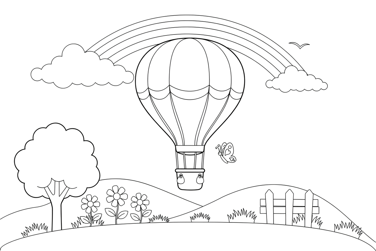 A hot air balloon drifting past a rainbow – Colorful Hot Air Balloon coloring page