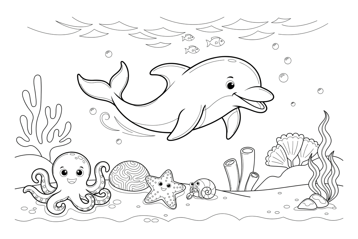 A dolphin, an octopus and a starfish by a coral reef – Colorful Sea Creature coloring page