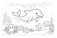 A dolphin, an octopus and a starfish by a coral reef – Colorful Sea Creature coloring page