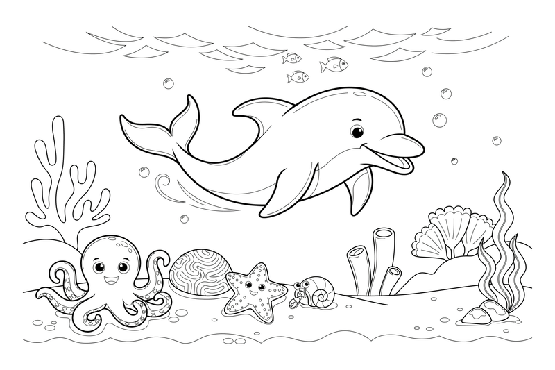 A dolphin, an octopus and a starfish by a coral reef – Colorful Sea Creature coloring page