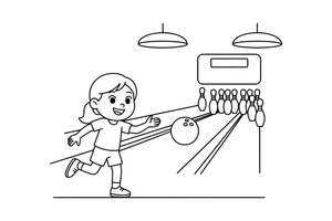 A woman rolling a bowling ball down the lane toward the pins – Fun & Leisure Place coloring page