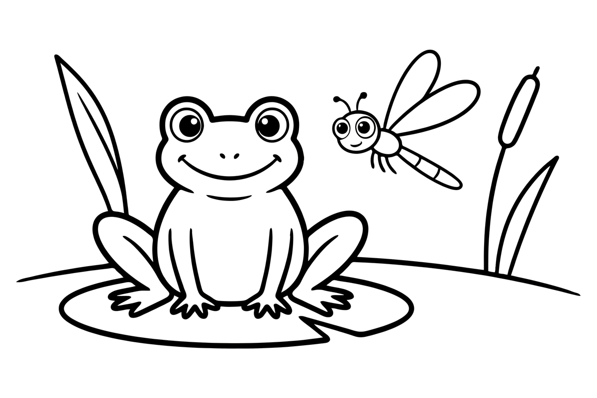 A frog next to a dragonfly – Curious Frog Wild coloring page