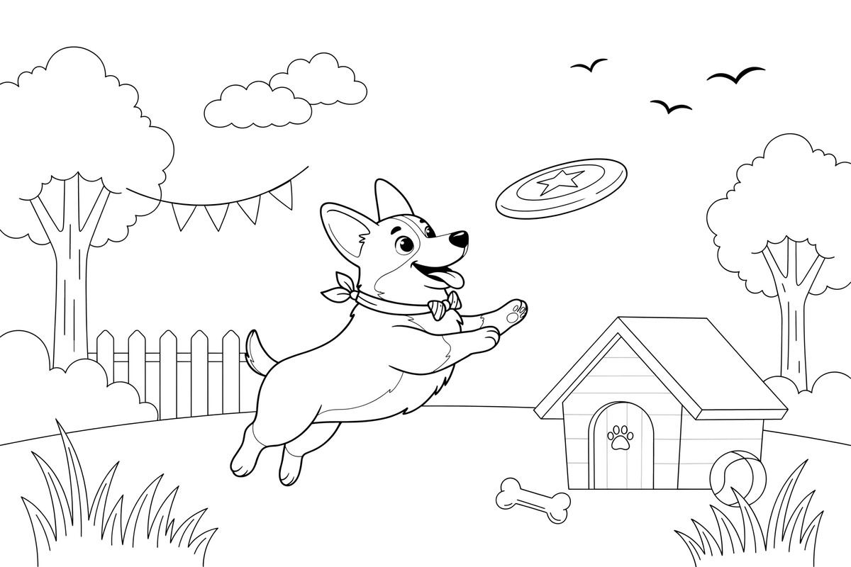 Corgi catching a frisbee – Corgi Dog Playtime coloring page