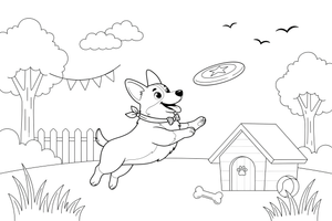 Corgi catching a frisbee – Corgi Dog Playtime coloring page