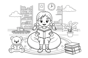 A girl reading a book on a beanbag – Kids' Activities coloring page