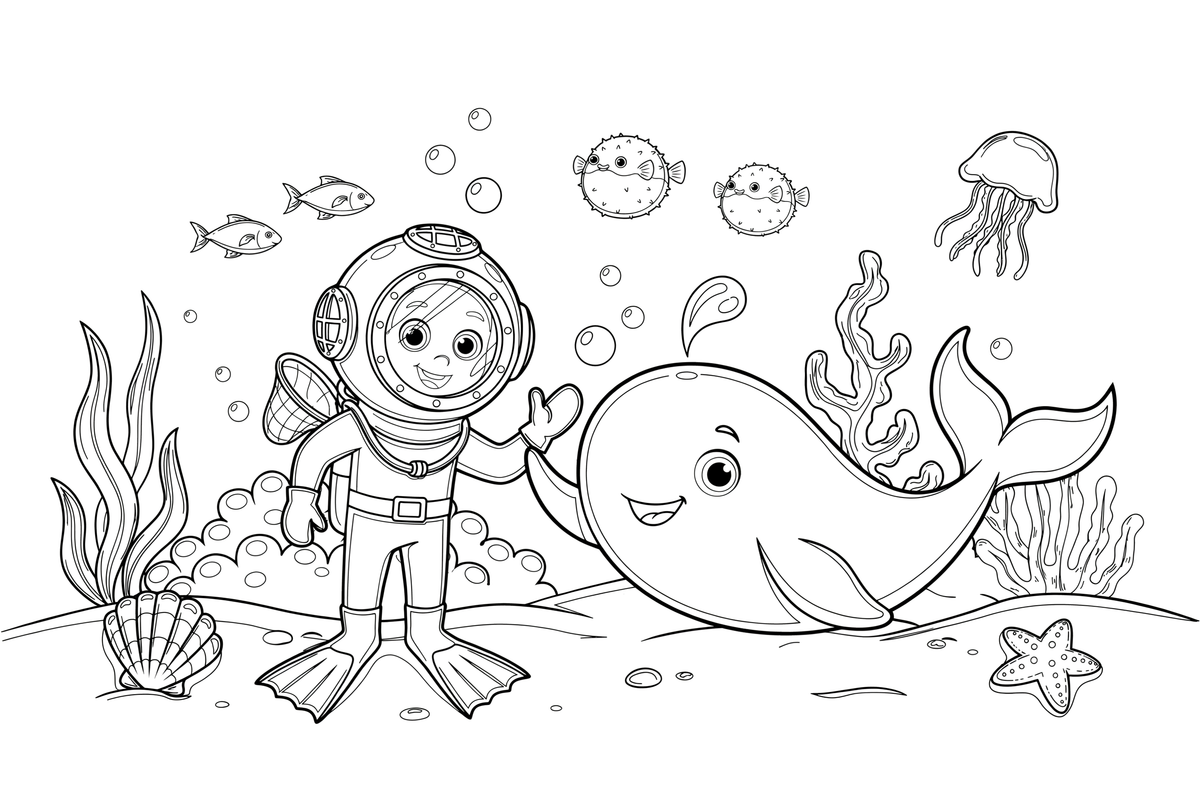 A diver and a whale swimming together – Deep Sea Diver Submarine coloring page