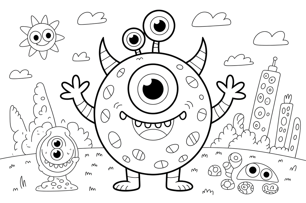A round monster with one big eye in the middle, smiling – Monsters coloring page