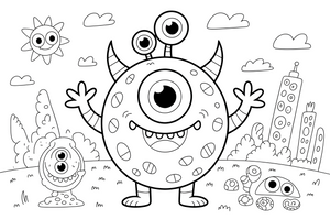 A round monster with one big eye in the middle, smiling – Monsters coloring page