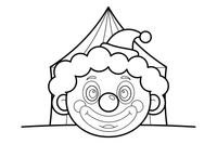 One big clown face up close, round nose and curly hair – Colorful Circus Tent coloring page