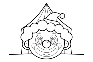 One big clown face up close, round nose and curly hair – Colorful Circus Tent coloring page