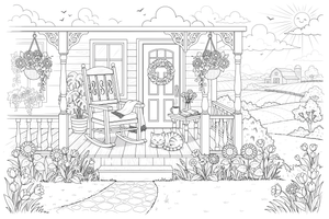A farmhouse porch with a rocking chair – Farmhouse coloring page