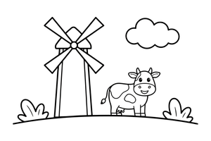 A windmill with a cow in the field – Windmill coloring page
