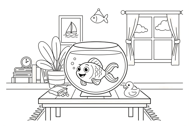 A goldfish swimming in a round fishbowl – Goldfish coloring page