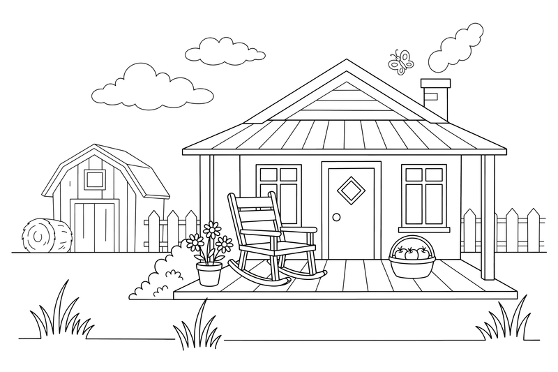 A farmhouse porch with a rocking chair – Farmhouse coloring page