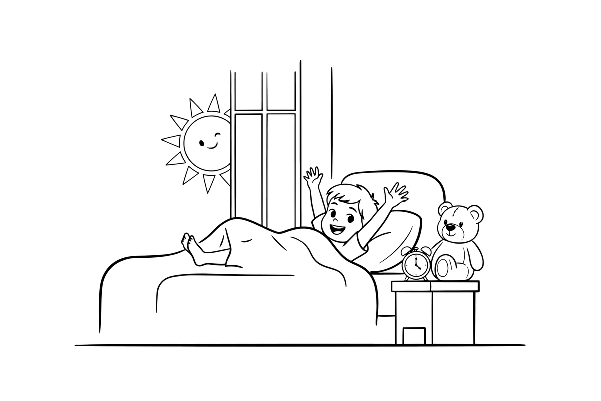 A child waking up and stretching in bed as the sun rises – Daily Routine Activities coloring page