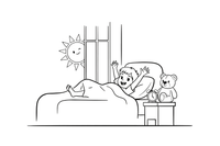 A child waking up and stretching in bed as the sun rises – Daily Routine Activities coloring page