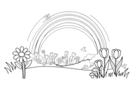 A rainbow arching over a green meadow with flowers – Rainbow Sky coloring page