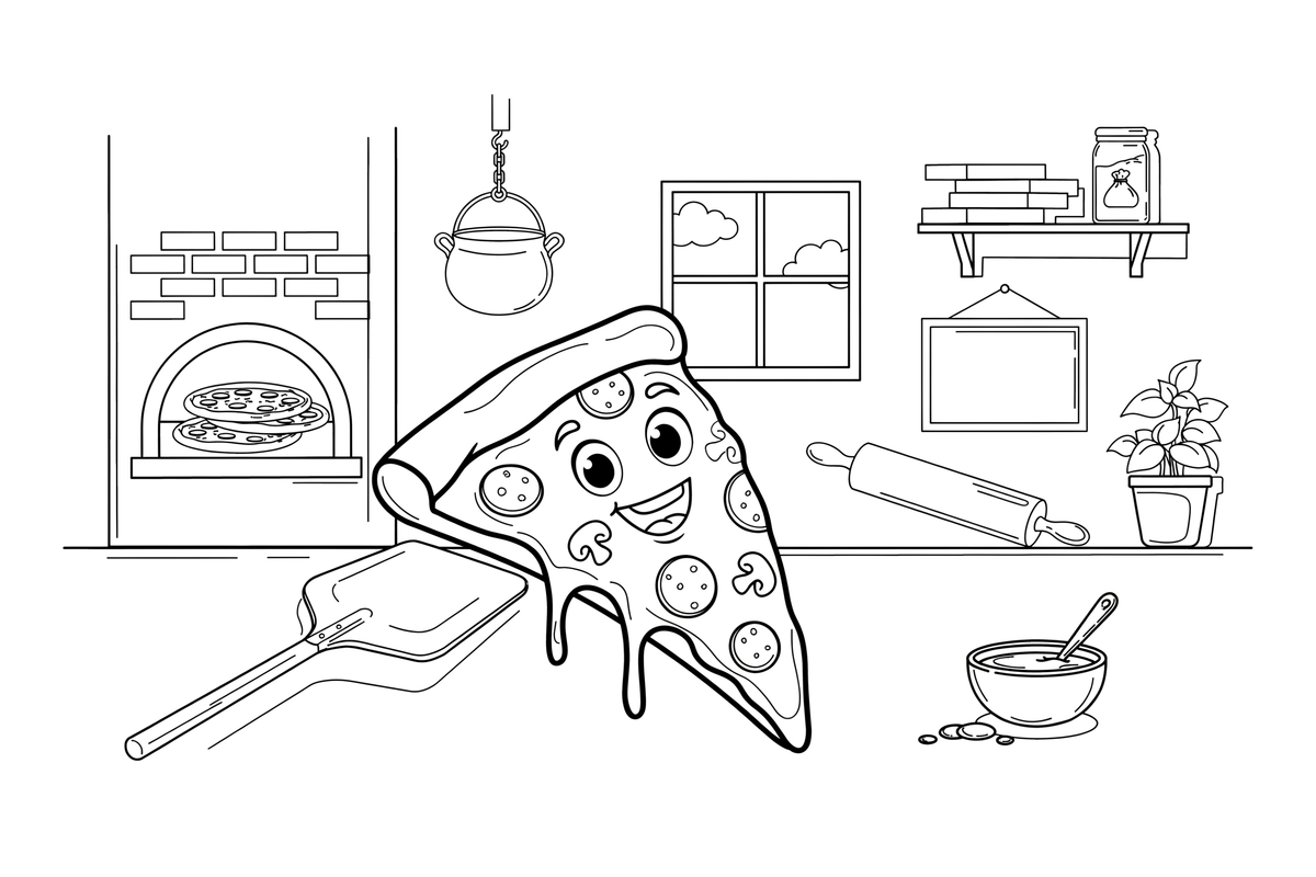 A single slice of pizza with cheese strings – Delicious Pizza Meal coloring page