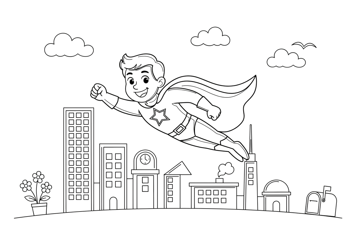 A superhero flying through the sky with a cape – Superhero coloring page