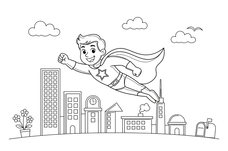 A superhero flying through the sky with a cape – Superhero coloring page