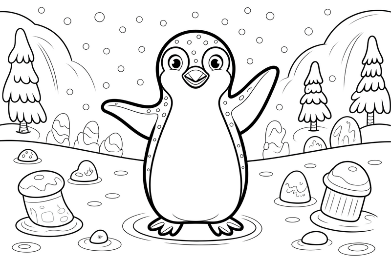 Penguin Cheerful in the Snow – Snowy Penguin coloring page