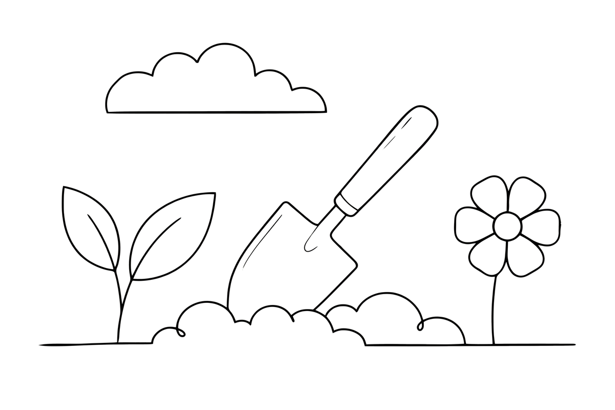 A little garden trowel digging in the soil – Classic Garden Tools coloring page