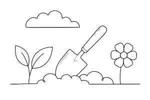 A little garden trowel digging in the soil – Classic Garden Tools coloring page