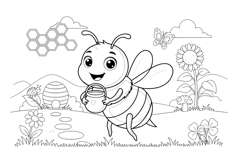 A bee holding a little honey pot – Bee coloring page