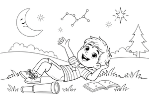 A child lying on the grass looking up at the stars – Twinkling Stars & Constellation Sky coloring page