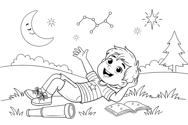 A child lying on the grass looking up at the stars – Twinkling Stars & Constellation Sky coloring page