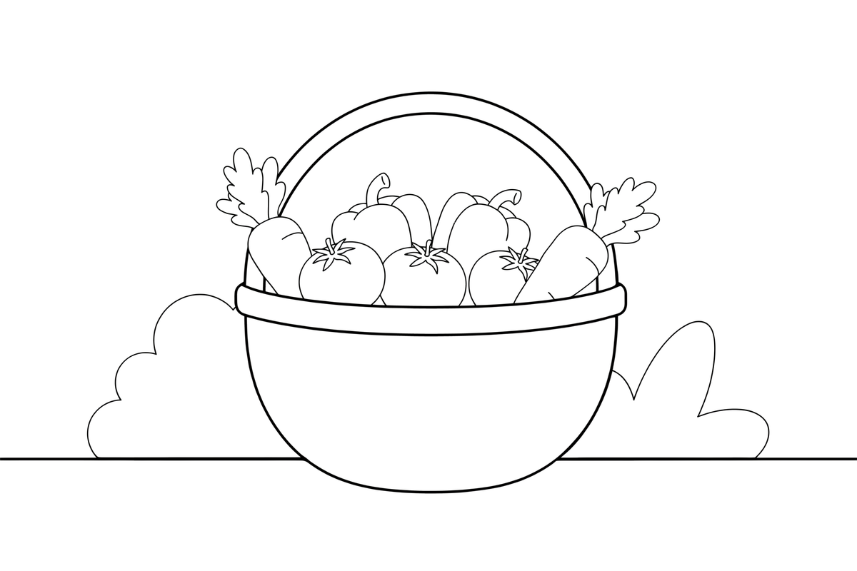A basket full of mixed vegetables — carrots, tomatoes and peppers – Fresh Vegetables coloring page