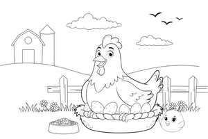 A smiling hen sitting on her nest of eggs – Playful Farm Animal coloring page