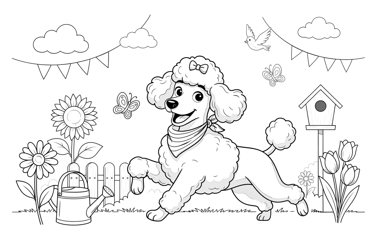 Poodle playing in a flower garden – Poodle Dog Outdoor Fun coloring page