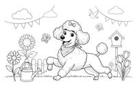 Poodle playing in a flower garden – Poodle Dog Outdoor Fun coloring page