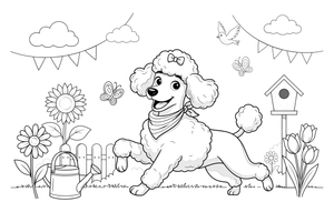 Poodle playing in a flower garden – Poodle Dog Outdoor Fun coloring page