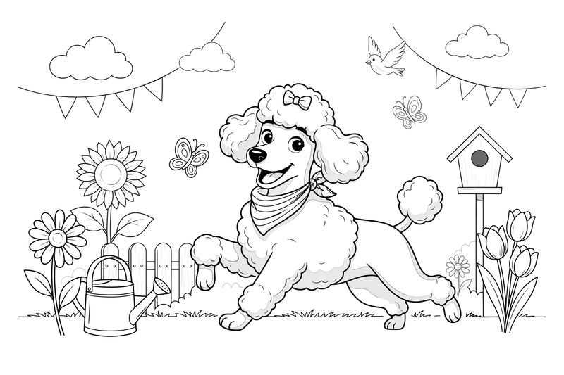 Poodle playing in a flower garden – Poodle Dog Outdoor Fun coloring page