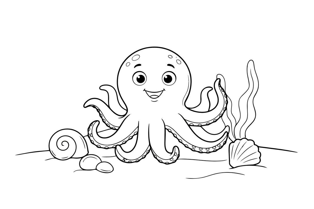 A round octopus with eight wavy arms floating over the sandy bottom with a few shells – Octopus coloring page