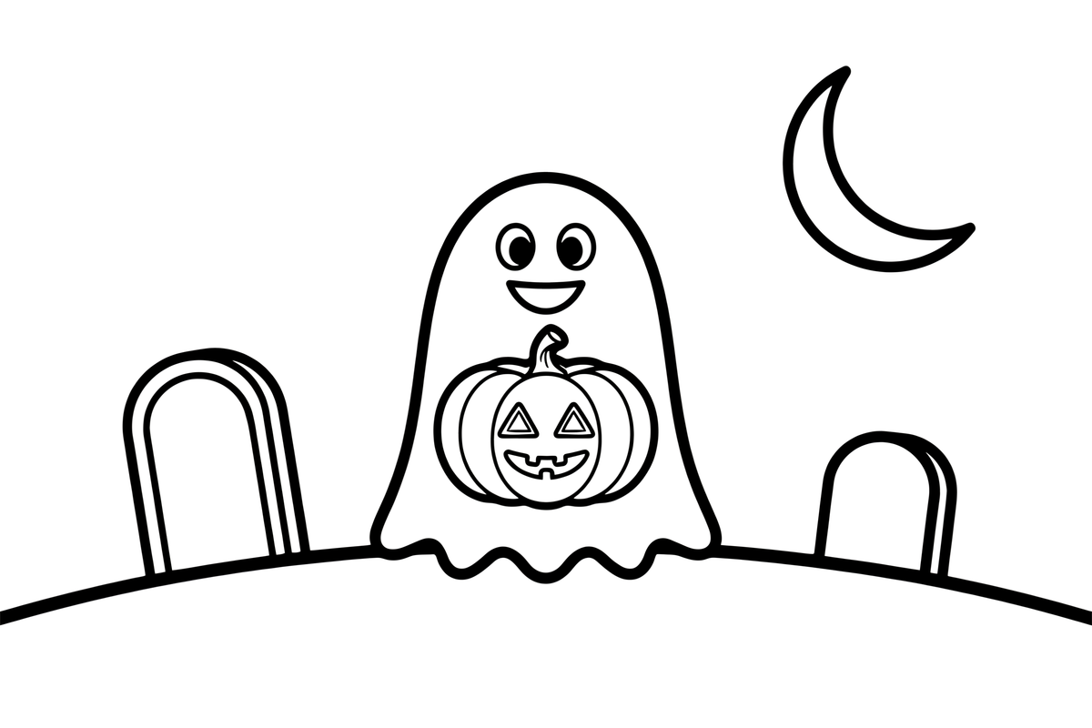 A friendly ghost holding a pumpkin – Halloween Ghost coloring page